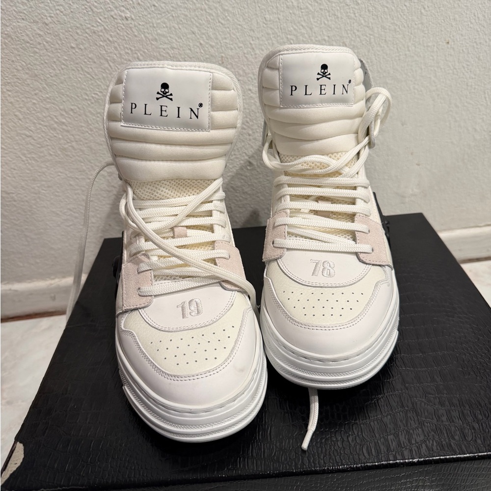 Philipp Plein White High-Top Sneakers Skull Logo Size 40